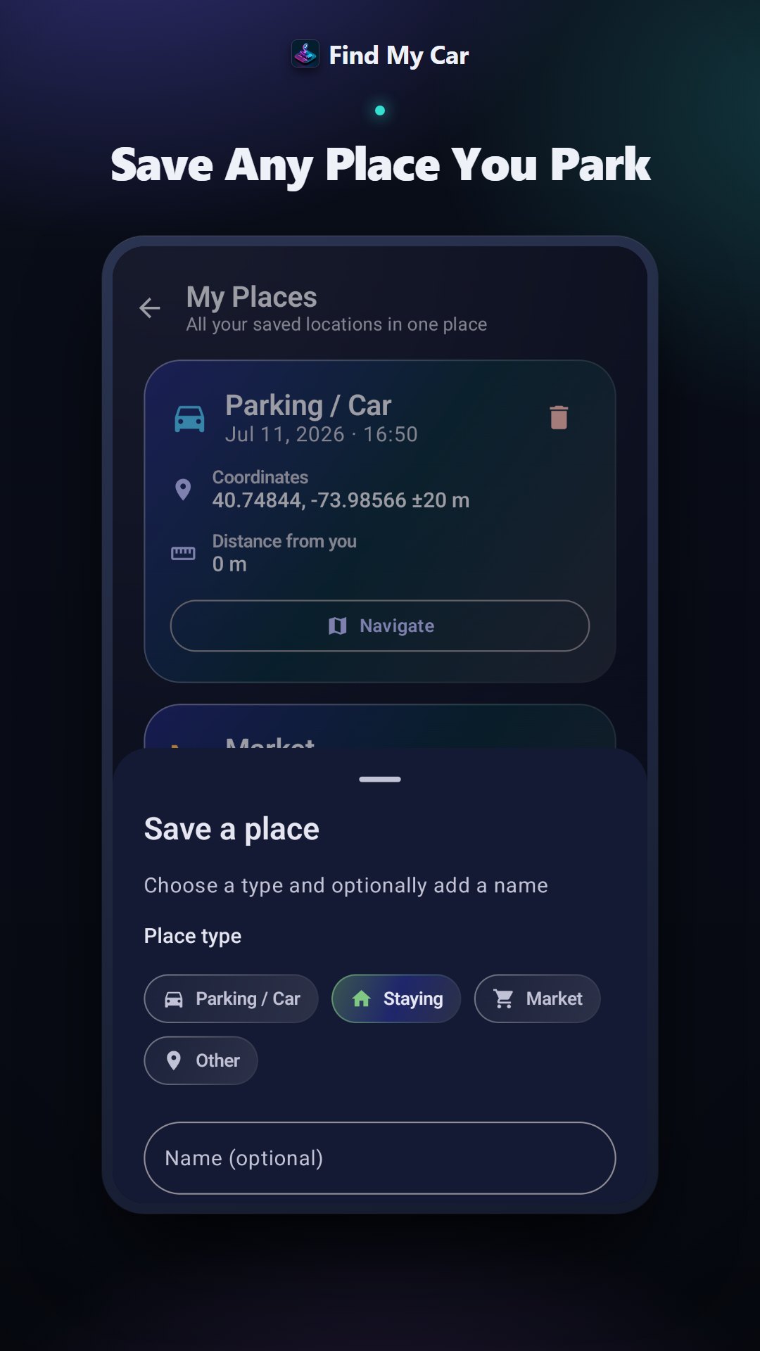 My Places list with a parking spot, a hotel and a market saved