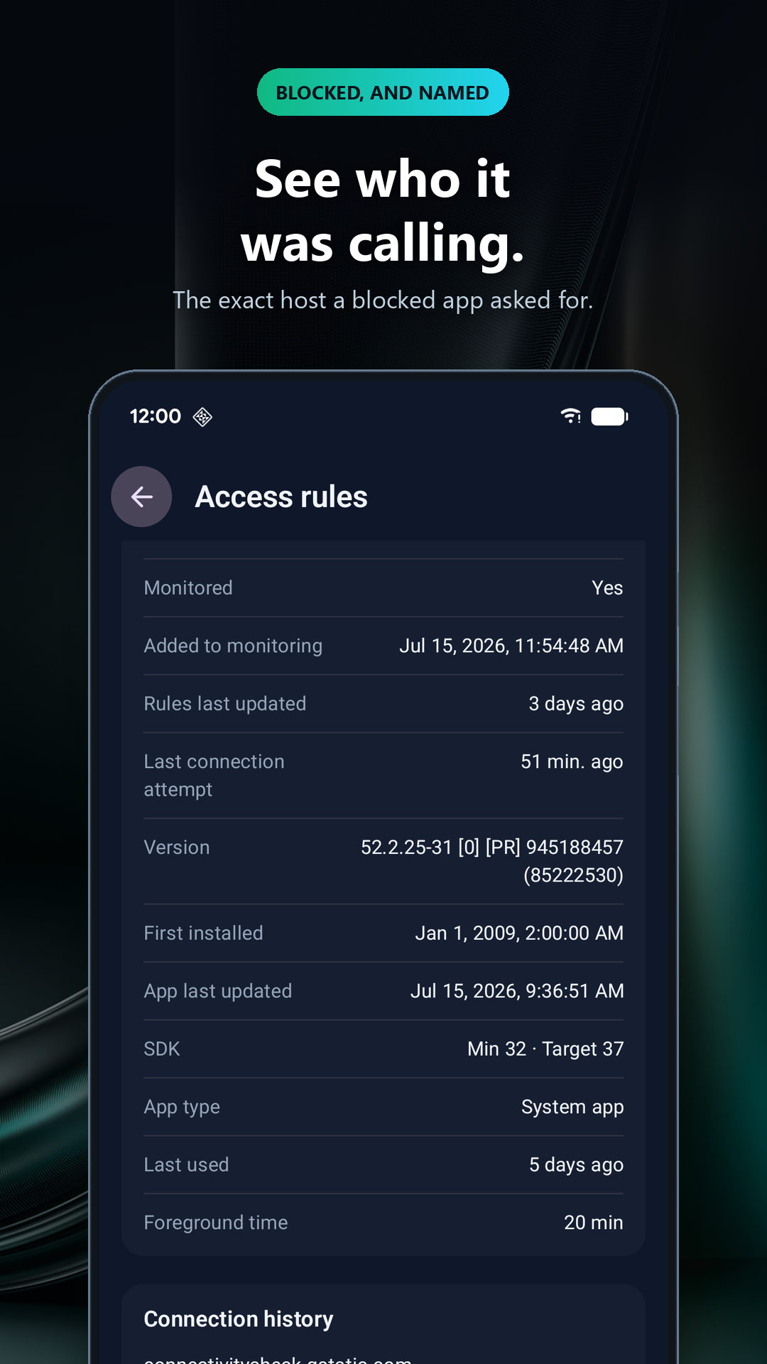 Connection history showing the host a blocked app asked for